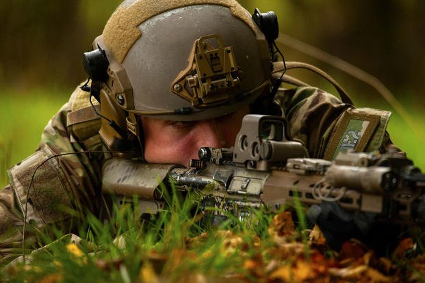 An Army soldier conducts small-unit tactic training in Germany.