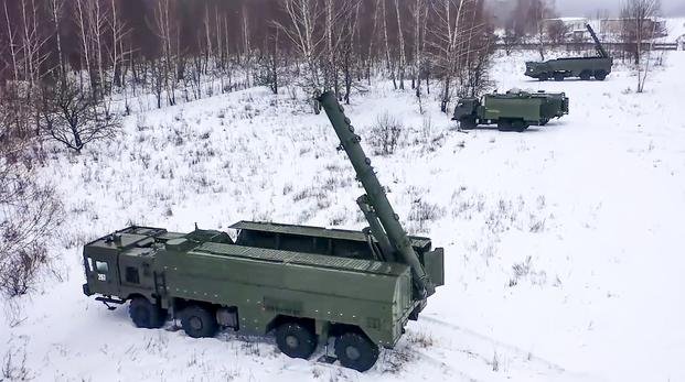 Russian army's Iskander missile launchers take positions during drills in Russia