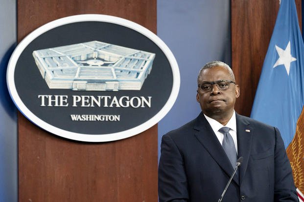 Defense Secretary Lloyd Austin pauses while speaking during a media briefing at the Pentagon.