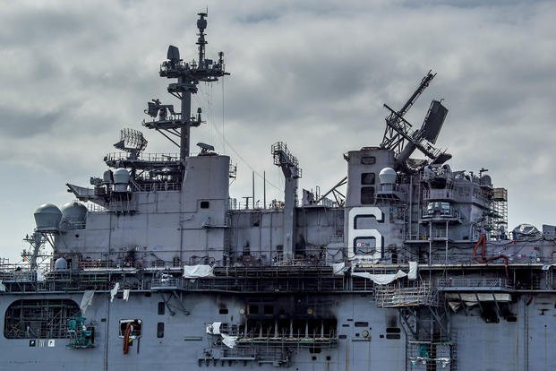 The amphibious assault ship USS Bonhomme Richard (LHD 6) sits pier side at Naval Base San Diego.