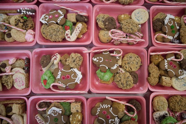 Cookies line tables at the officer’s club ballroom during the annual Cookie Caper event at Misawa Air Base, Japan.