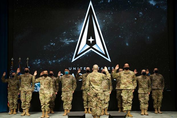 Ceremony transferring service members to United States Space Force.