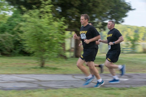 Soldiers participate in their semiannual physical fitness test at Fort Belvoir, Virginia.