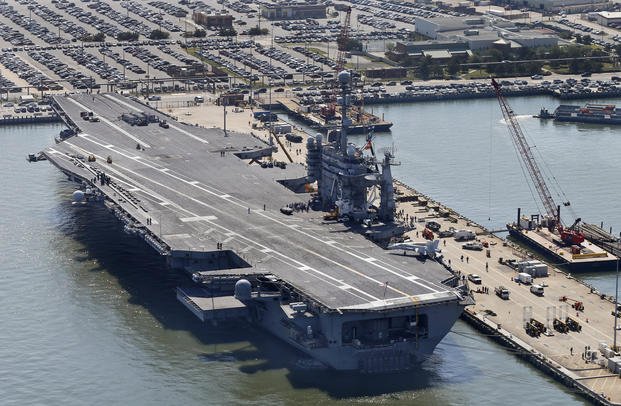 The USS George Washington sits pier side at Naval Station Norfolk.