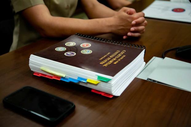 Marines participate in a mock trial at the Marine Corps Recruit Depot courtroom.