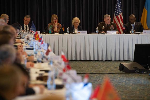 Ministers of defense and military officials discuss Ukraine at Ramstein Air Base.