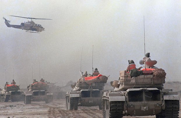 Gulf War  U.S. Marine Helicopter Allied Troops Tanks.