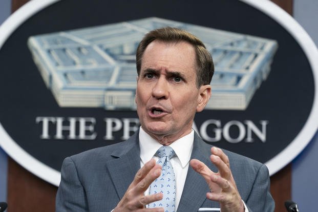 John Kirby speaks during a media briefing at the Pentagon.
