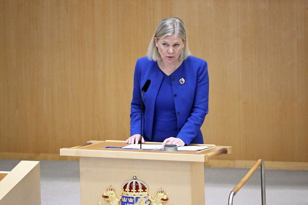 Prime Minister Magdalena Andersson talks during the parliamentary debate