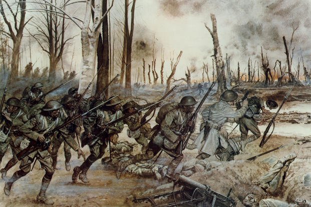 In this National Guard painting, the Harlem Hellfighters go into action during the Meuse-Argonne offensive.
