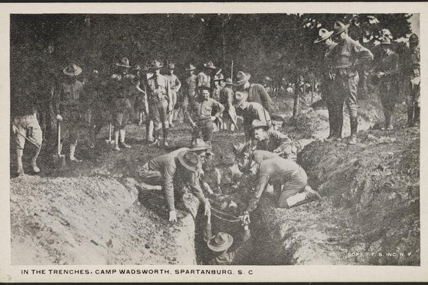 Soldiers train in the practice trenches at Camp Wadsworth, South Carolina.