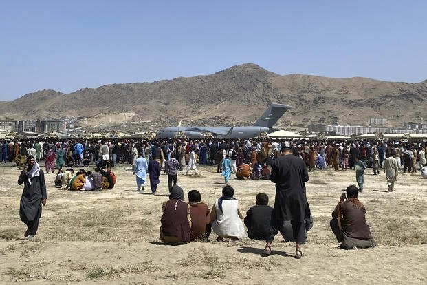 U.S. Air Force C-17 transport plane at the perimeter of the international airport in Kabul