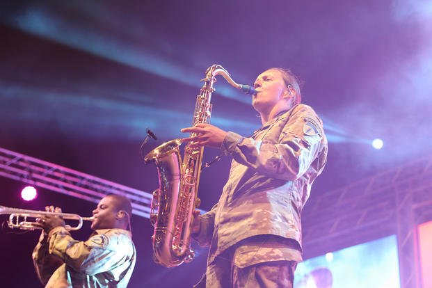 U.S. Army Sgt. 1st Class Denielle Lomonof, a member of Free Groove, an Army jazz group, plays the saxophone in a concert as part of the U.S. Embassy sponsored African Lion 2022 Tour in Morocco.