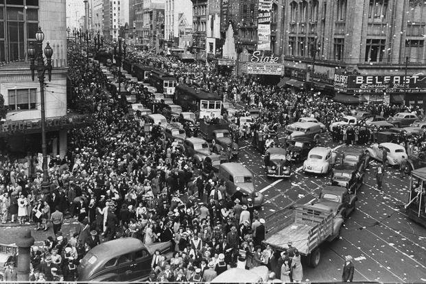 San Franciscans celebrate the Japanese surrender, known as V-J Day, during World War II.