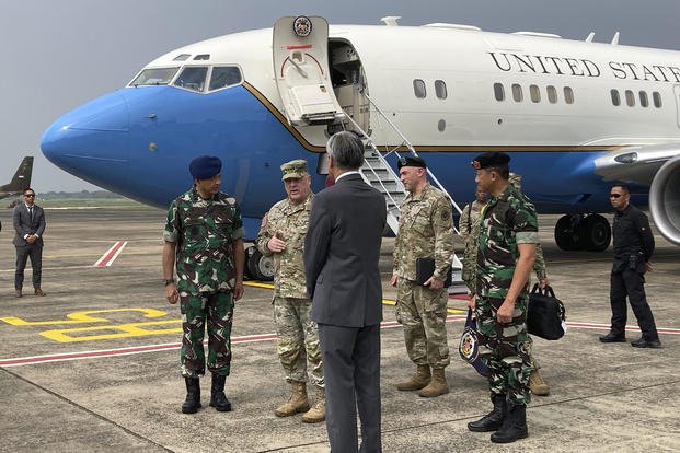 U.S. Army Gen. Mark Milley standing in front of an airplane in Jakarta, Indonesia.