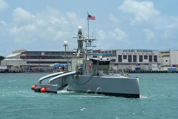 Sea Hunter, a crewless vessel, arrives at Pearl Harbor, Hawaii