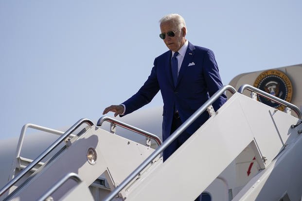 President Joe Biden arrives on Air Force One at Andrews Air Force Base, Md.