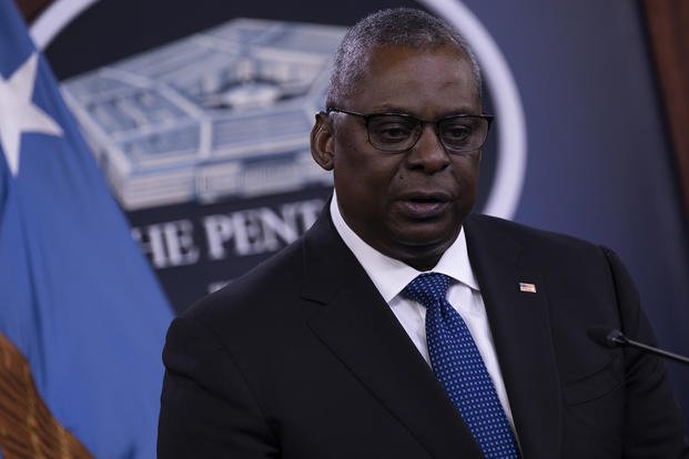 Secretary of Defense Lloyd J. Austin III answers questions during a press conference at the Pentagon.
