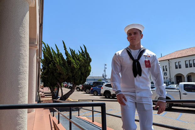Seaman Recruit Ryan Mays, 21, approaches the Naval Base San Diego courthouse after a lunch break on Wednesday, August 17, 2022.