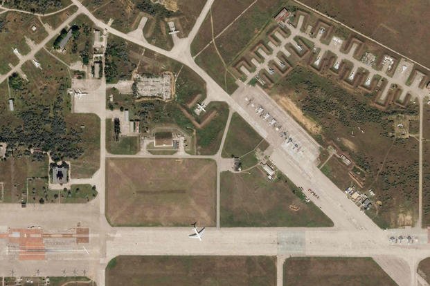 A satellite image by Planet Labs PBC shows aircraft at Saki Air Base before an explosion Tuesday, Aug. 9, 2022, in the Crimean Peninsula, the Black Sea peninsula seized from Ukraine by Russia and annexed in March 2014. 