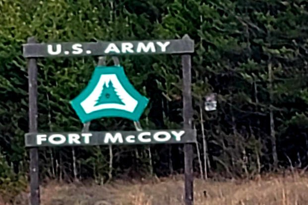 A sign for Fort McCoy along Highway 16 is shown April 9, 2022, during daily operations at Fort McCoy, Wisconsin.