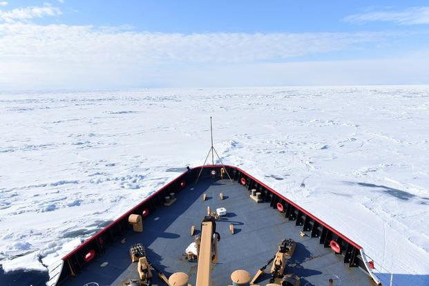 The bow of U.S. Coast Guard Cutter Polar Star as it breaks ice in Antarctica.