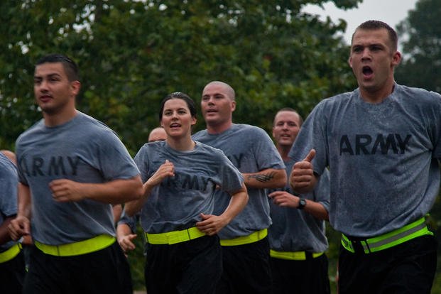U.S. soldiers from the 114th Signal Battalion participate during a battalion run around Fort Meade, Maryland.