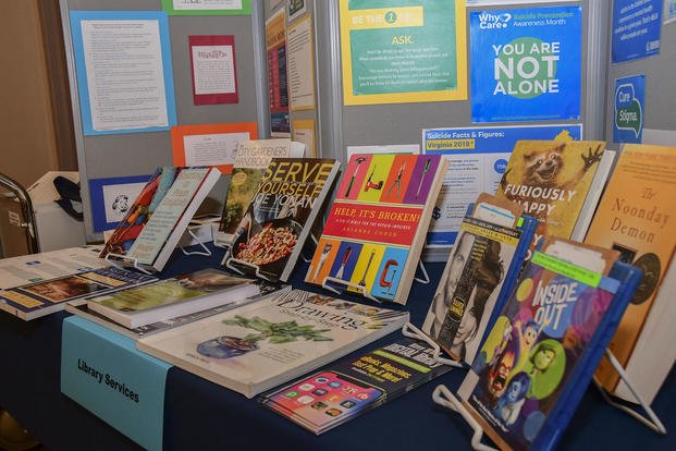 Naval Medical Center Portsmouth’s (NMCP) library featured information and reading materials on mental health, which were displayed at the NMCP Mental Health/Suicide Awareness Health Fair.