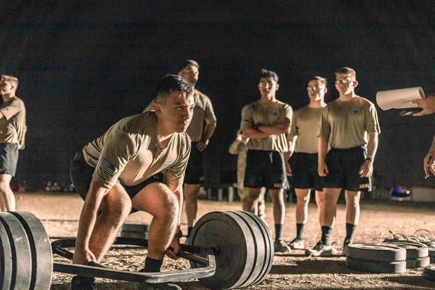 Soldier performs a deadlift during the Army Combat Fitness Test.