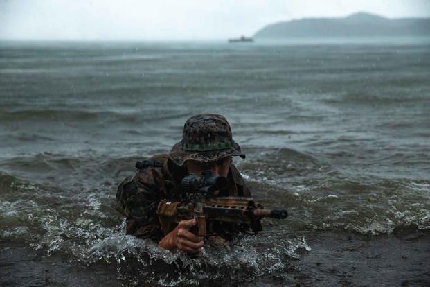 A Marine during an amphibious raid exercise.