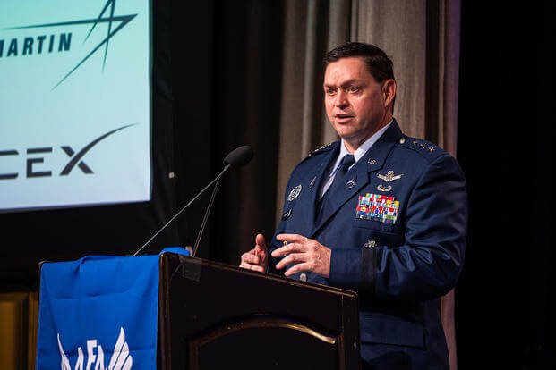 U.S. Space Force Lt. Gen. B. Chance Saltzman, deputy chief of space operations for Operations, Cyber and Nuclear, speaks during the Air Force Association Schriever Space Futures Forum in Beverly Hills, California.
