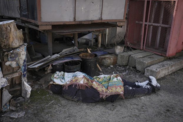 The body of Dmytro Chaplyhin in Bucha, Ukraine.