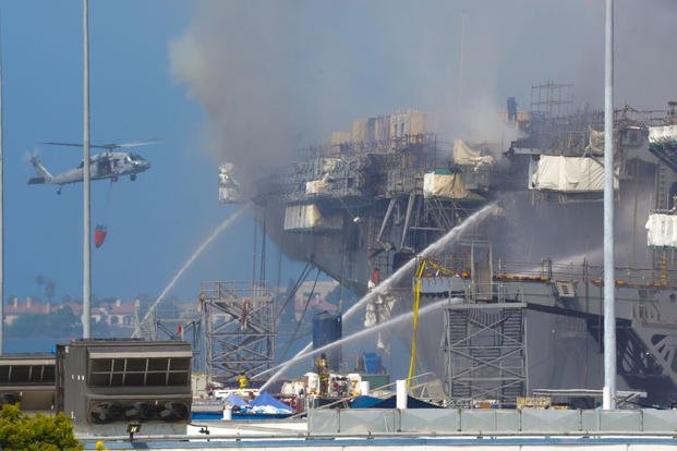 The USS Bonhomme Richard continues to burn more than 24 hours later at San Diego Naval Base in July 2020. 