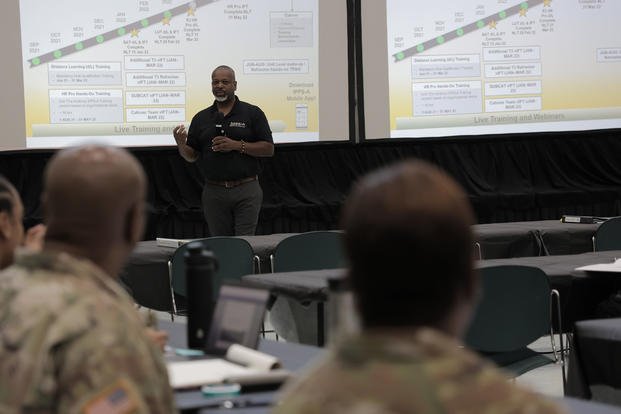 U.S. Army soldiers assigned to the 335th Signal Command attend an Army Integrated Personnel and Pay System (IPPS-A) class in Pinellas Park, Florida.