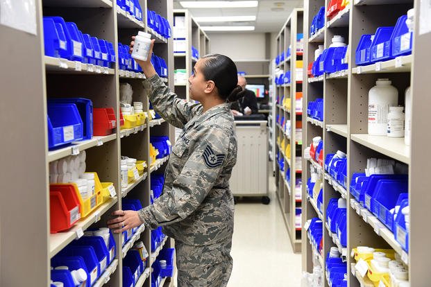 Tech. Sgt. Thesia Westmoreland pulls medications to fill prescriptions at the 72nd Medical Group Pharmacy