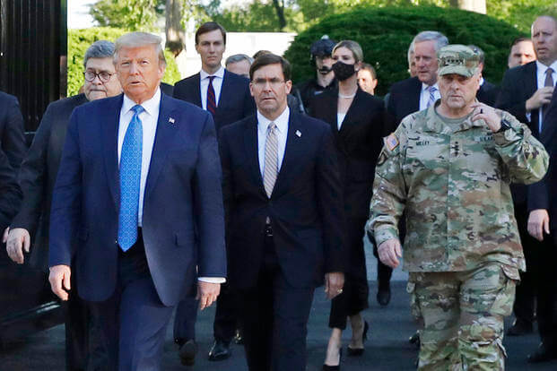 President Trump departs the White House with Gen. Milley and SecDef Esper.