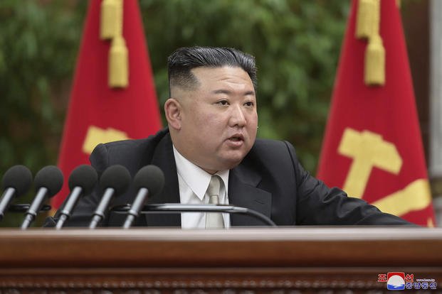 North Korean leader Kim Jong Un speaks during a plenary meeting of the Workers’ Party of Korea