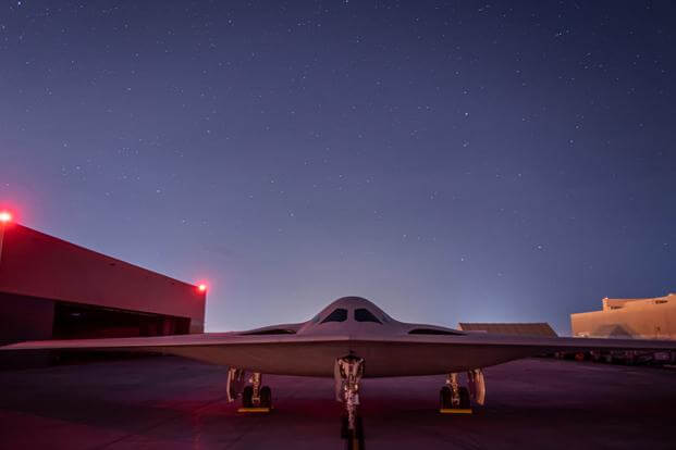 The B-21 Raider sits at an airfield in Palmdale, California. 
