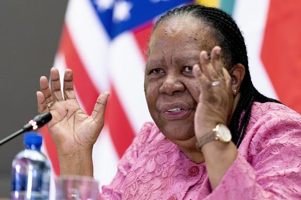 South Africa's Foreign Minister Naledi Pandor speaks to members of the media