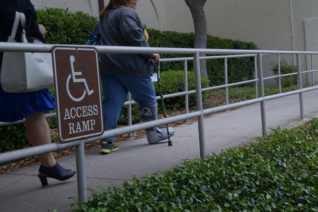 Individuals use a wheelchair-accessible ramp at Joint Base San Antonio-Randolph.