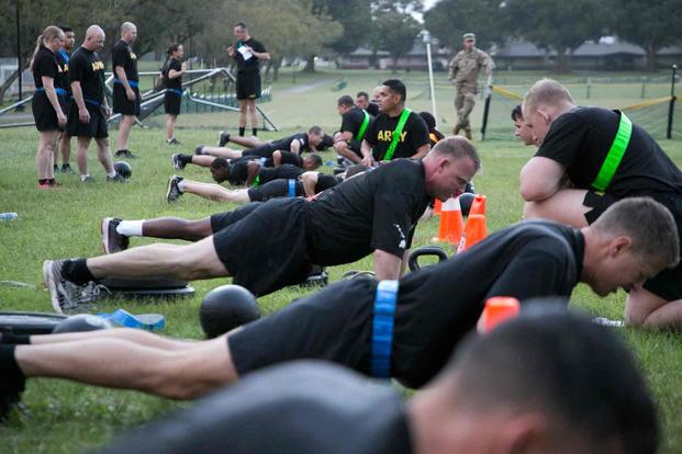 Hand release push up event during Army Combat Fitness Test.