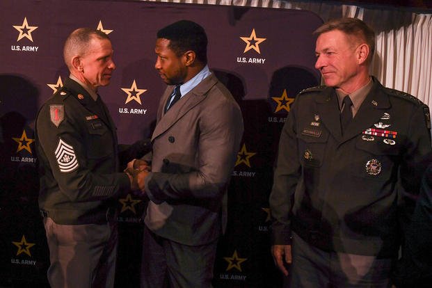 Sgt. Maj. of the Army Michael A. Grinston, meets with American Actor Jonathan Majors