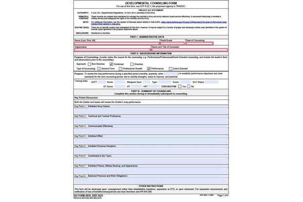A still frame image of the new Army counseling form.