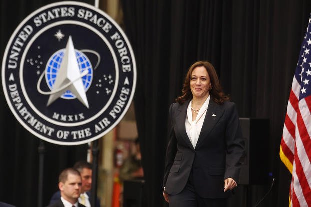 U.S. Vice President Kamala Harris walks to deliver remarks at Vandenberg Space Force Base
