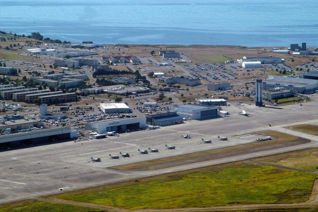 An aerial view of Naval Air Station (NAS) Whidbey Island.