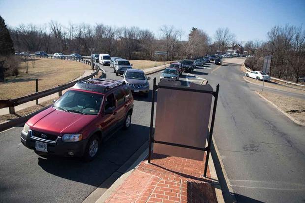 Traffic causes delays at Joint Base Myer-Henderson Hall.
