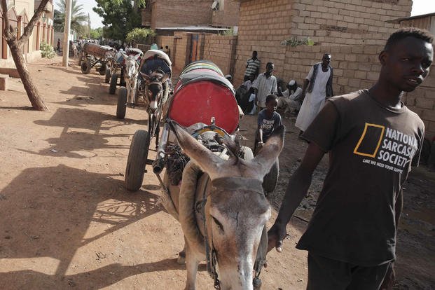 A man leads donkeys pulling water barrels in Khartoum, Sudan.