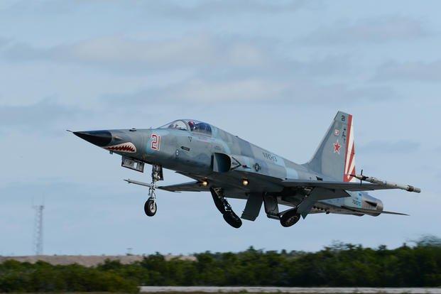 A U.S. Navy F-5N Tiger II from Fighter Squadron Composite (VFC) 111 ‘Sun Downers’ takes off from Naval Air Station Key West's Boca Chica Field.