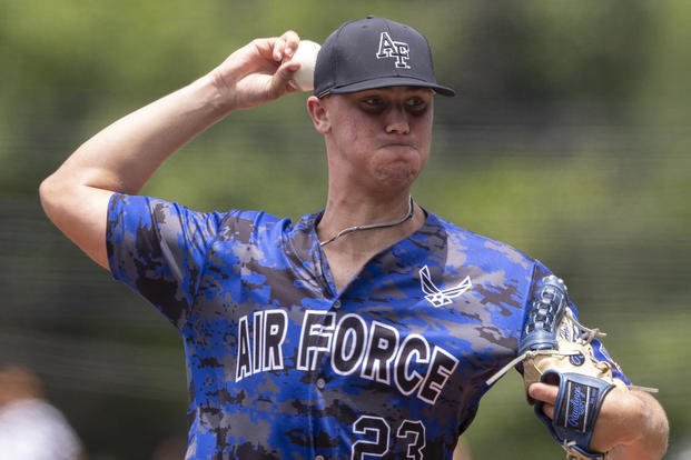 Air Force pitcher Paul Skenes throws against Texas during an NCAA baseball game in Austin, Texas. 