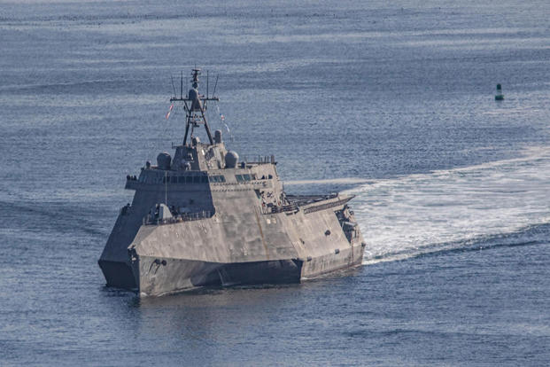 The Independence-variant littoral combat ship USS Canberra (LCS 30) departs San Diego Harbor